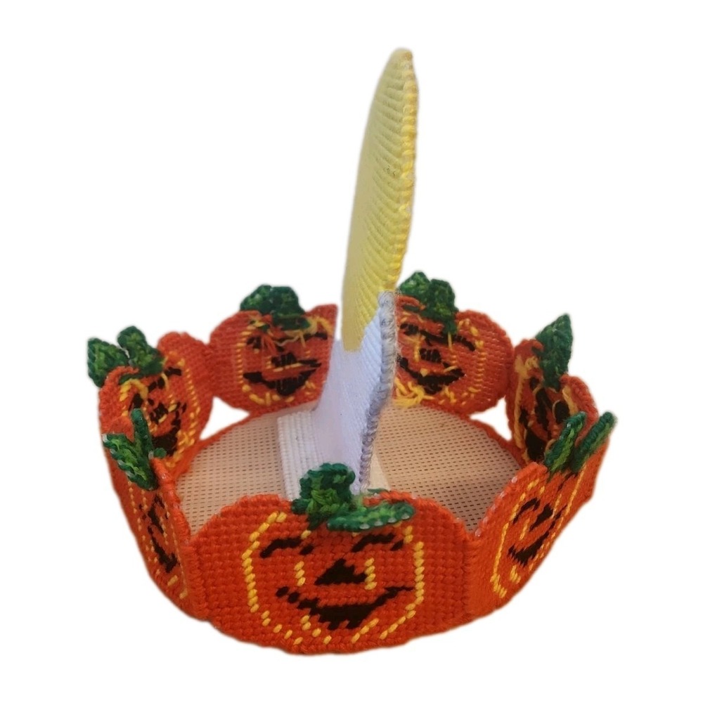 Vtg Bucilla Boo Basket Ghost Pumpkins Halloween Treat Dish Plastic Canvas Done - Picture 4 of 6